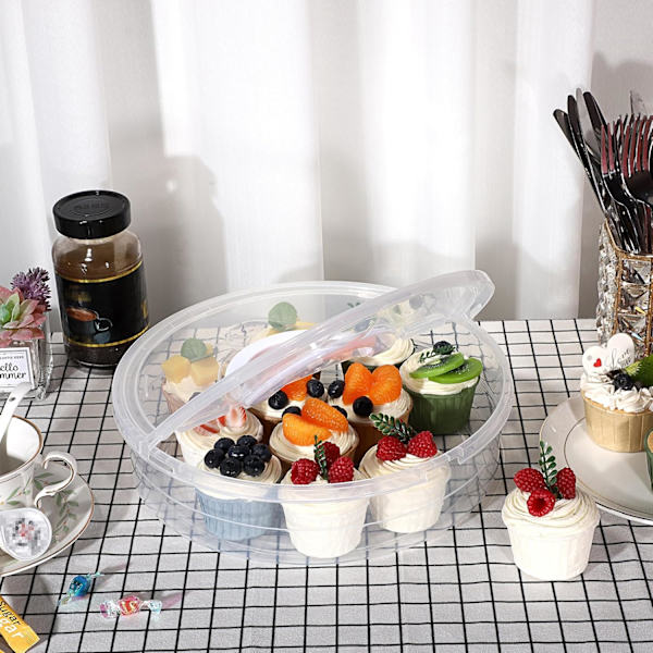 Plastboks for kake og pizza, klar, 30 cm rund, med lokk og håndtak, bærbar oppbevaring for cupcakes og desserter