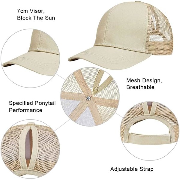 Baseballkasket til Mænd Kvinder Sommer Åndbar Hul Åben Mesh Unisex Hestehale Sports Trucker Kasketter Justerbar Udendørs Hatte, Khaki