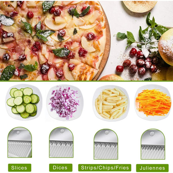 Grönsaksskärare, manuell kökshackare i rostfritt stål för julienne, tärningar, pommes frites, morot, gurka Green