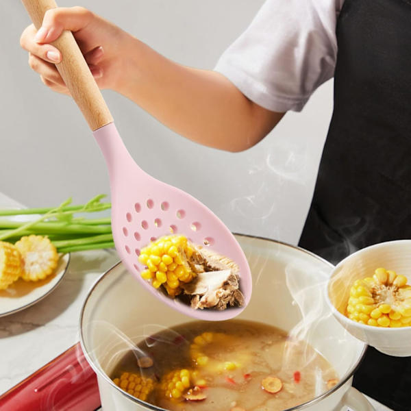 Køkkenhviskesi, Stor Hul Ske med Høj Varmebestandig BPA-Fri Non-Stick Madlavnings Skummers til Afdrypning, Stegning (Pink)