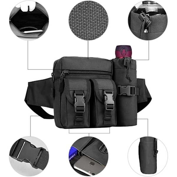 Taktisk midjeväska med vattenflaskhållare, vattentät midjeväska militär utility canvas fanny pack bumbag för jogging vandring