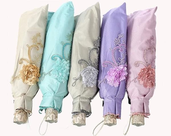 Dam Broderad Spets Dubbeldäck Anti-UV Parasol Paraply Sol/Regn/Snö Fällbart Paraply