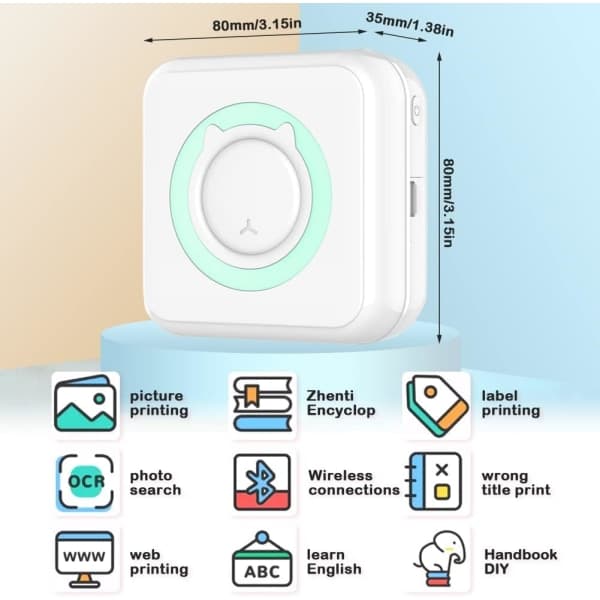Mini fotoprinter, bærbar lille Bluetooth termisk printer Incl