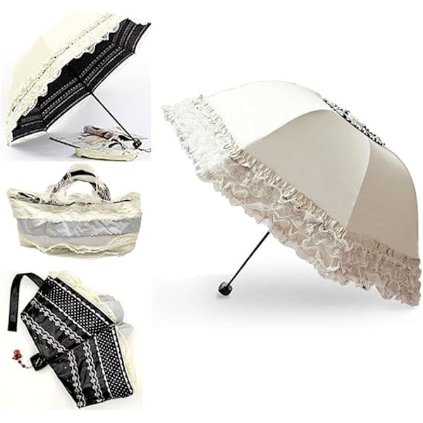 Princess Lace Vintage Blonder UV Solparasoll Foldbar 3D Blomst Broderi Paraply 3 Foldbar Blå Regn