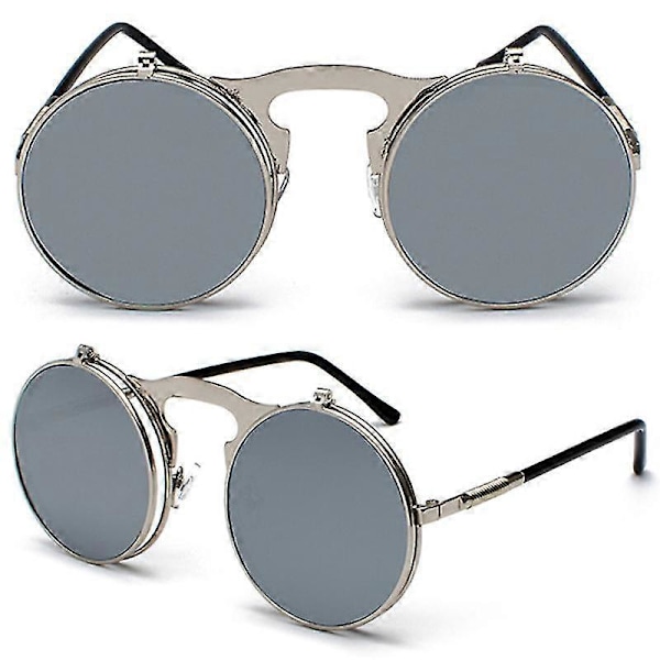 Miesten Naisten Retro Käännettävät Pyöreät Steampunk-aurinkolasit Suojalasit Pyöreät Aurinkolasit Vintage-silmälasit Silver Frame White Lenses