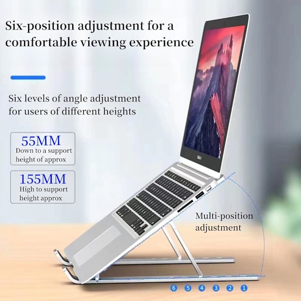 Justerbart laptopstativ - Ergonomisk design, 6 justeringsnivåer, Premium ABS-silikonkonstruktion, Bärbar och hopfällbar