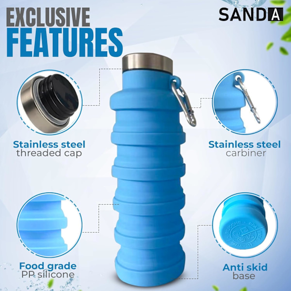 Sammenklappelig Vandflaske Silikon Rejse Essentials Foldbar Gym Flaske Lækagesikker Vandreture Tilbehør, Sammenklappelig Vandflaske 500ml Blue