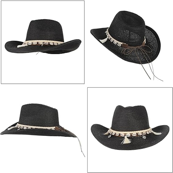 Dam Sommar Halm Cowboy Cowgirl Hatt Solhattar Bred Brätte Strand Semester Halmhatt med Skalband White