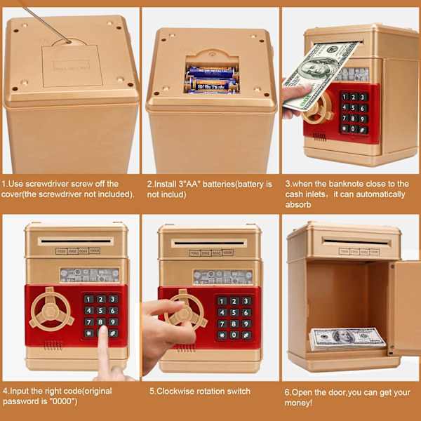Elektronisk spargris, Mini ATM lösenord sparbössa kontanter mynt sparbössa för barn, tecknad säker bankbox perfekt leksaks gåvor för pojkar flickor Gold