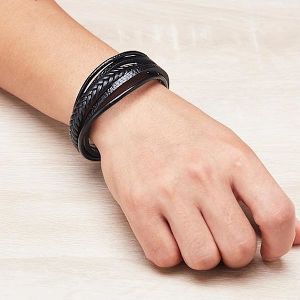Mænds Ægte Sort Læderarmbånd med Rustfrit Stål Spænde