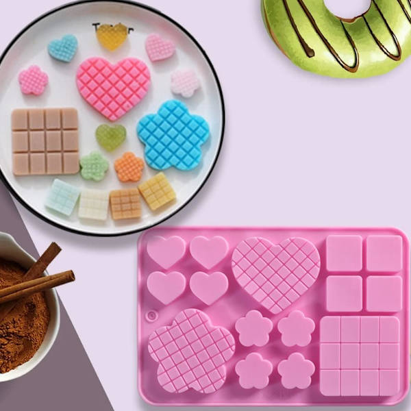 Silikoneforme i firkantet, hjerte- og blomsterform til fremstilling af chokolade, slik, 4 stk.