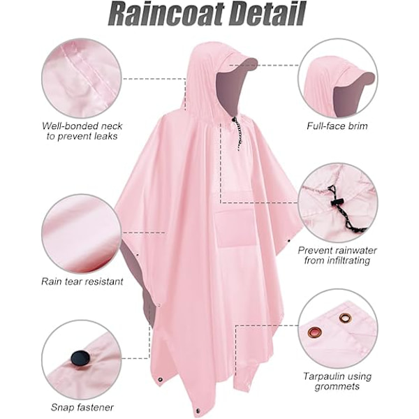Vattentät poncho för vuxna, återanvändbar regnponcho för vuxna, vattentät poncho, vattentät vuxen, lätt vattentät regnrock för utomhusvandring camping Pink
