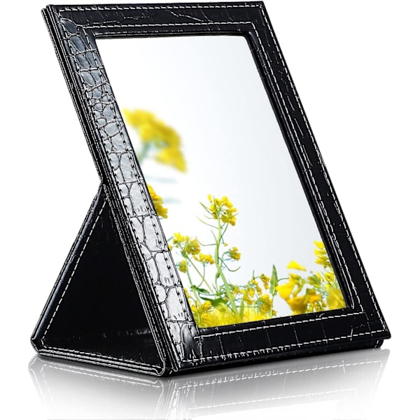 PU Läder Skrivbordsspegel, Bärbar Fällbar Fåfänga Spegel, Bordsspegel med Stativ för Kosmetika Personlig Skönhet 17x12CM Black