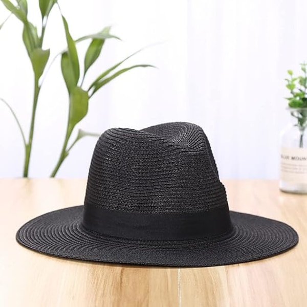 Sommerstrand Solhatt, Vevd Fedora Panamahatt Rullbar Halm-Fedora Beskyttelse UPF50+ Bred Bremming Løse Dame Halm Solhatt