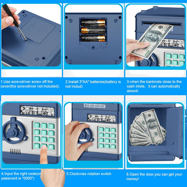 Elektronisk spargris, Mini ATM lösenord sparbössa kontanter mynt sparbössa för barn, tecknad säker bankbox perfekta leksaks presenter för pojkar flickor Navy Blue