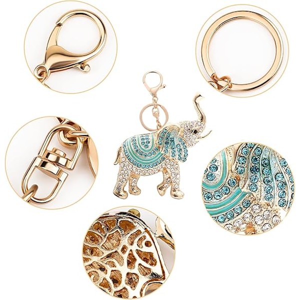 Lyckliga Elefant Nyckelringar Opal Rhinestone Söta Elefanter Nyckelringar Damväskor Berlock Kristall Nyckelring Dam (Blå)