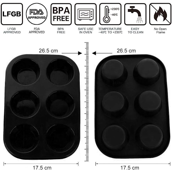 6 Kopper Muffinbakke - Non-stick BPA Fri & Opvaskemaskine Sikker Cupcake Pan Sort