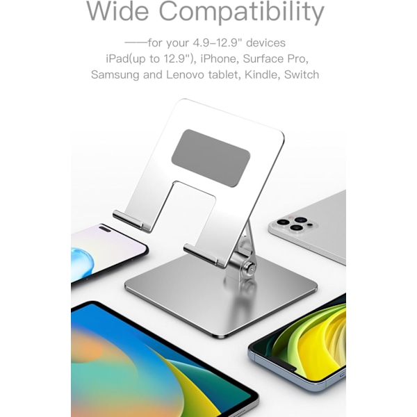 Tabletställ i aluminium, justerbar, hopfällbar, för skrivbord, kompatibel med iPad Pro och andra enheter på 4,9\"-12,9\"