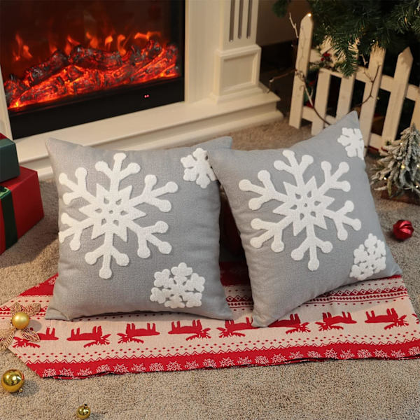 Juleputetrekk med snøflak-broderi, 2-pakning, dekorativt putetrekk i lin, putetrekk til sofa til fest Thanksgiving (45x45cm), grå
