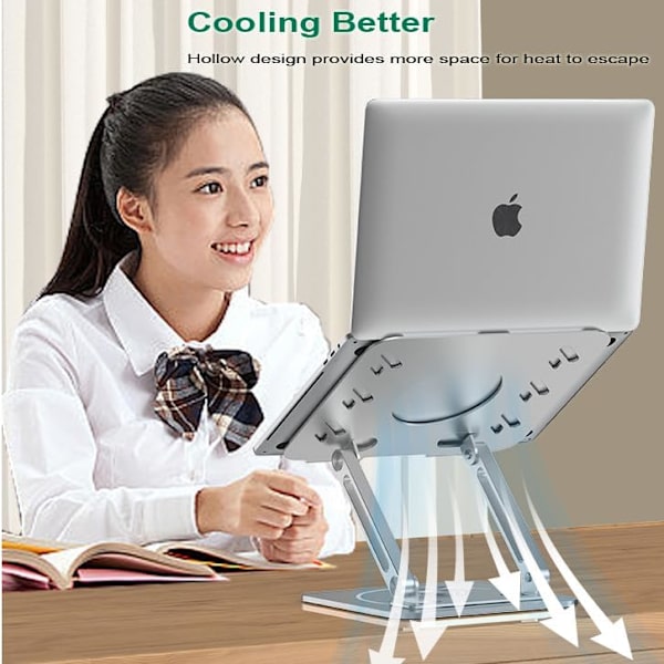 Laptop Stativ til Skrivebord, Justerbar Aluminium Stativ med 360° Drejelig Base, Foldbar Ergonomisk Højder, Bærbar Holder Kompatibel