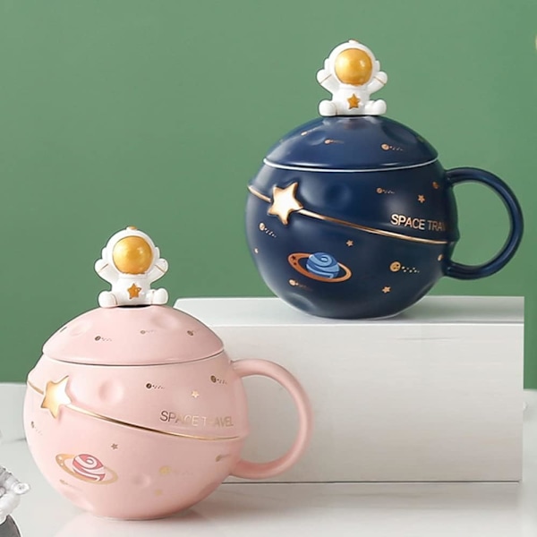 Kawaii Astronaut Kop Space Embossed Planet Kandekop, Sød Keramisk Kaffe Kop, Nyhedskop med Låg og Ske til Kaffe, Te, Mælk, Værelsesindretning Gave Fødselsdag Pink