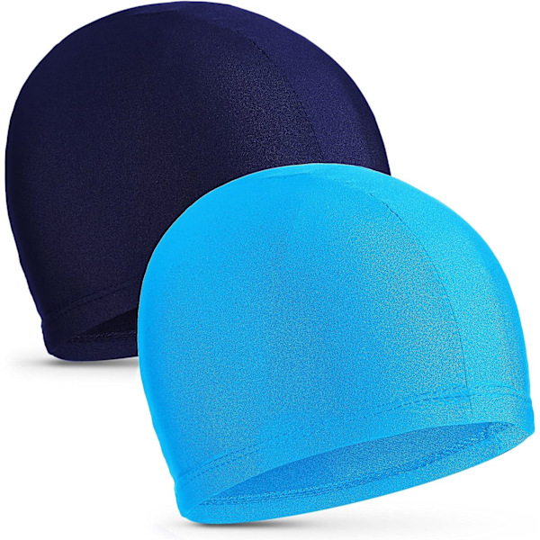 2 stk Elastiske Svømmehetter Komfortabelt Stoff Svømmehette Lett Badehette for Kvinner Menn Barn Under Svømming Navy Blue, Lake Blue