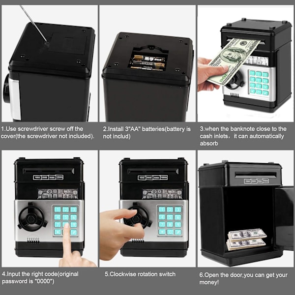 Elektronisk spargris, Mini ATM lösenord sparbössa kontanter mynt sparbössa för barn, tecknad säker bankbox perfekt leksaks gåvor för pojkar flickor Black
