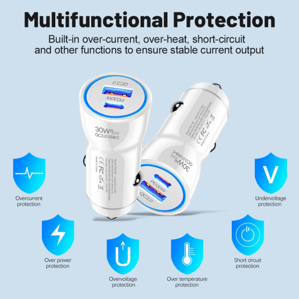 30W PD QC 3.0 Snabbladdare för Bil, USB C Laddning för Apple iPhone 12 13 14 15 Pro/Max/Plus Samsung Snabbladdare för Bil
