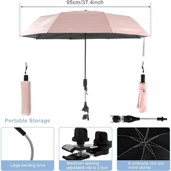 Universell barnvagnsparasoll 360° justerbart parasoll för barnvagn UPF 50+ solskydd barnvagnsparasoll med justerbar klämma Pink