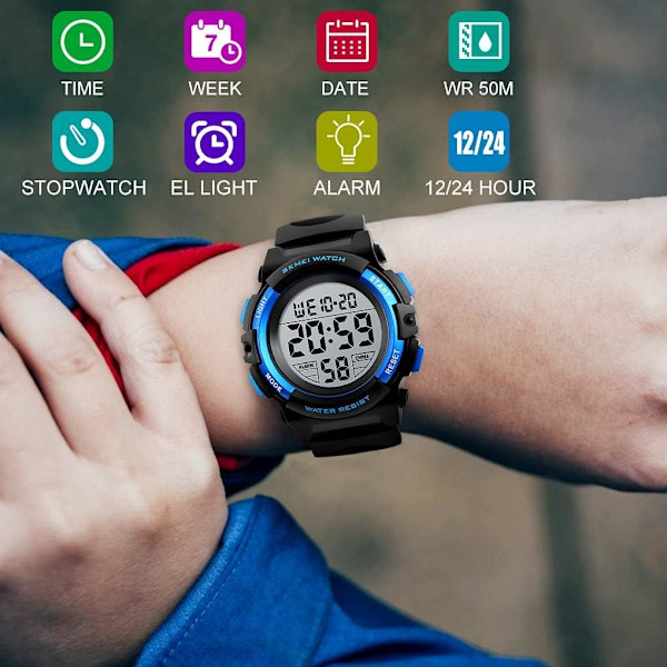 Barnklocka, Pojkklocka för 6-15 år gamla pojkar, Digital Sport Utomhus Multifunktionell Kronograf LED 50 M Vattentät Alarm Kalender Analog Klocka