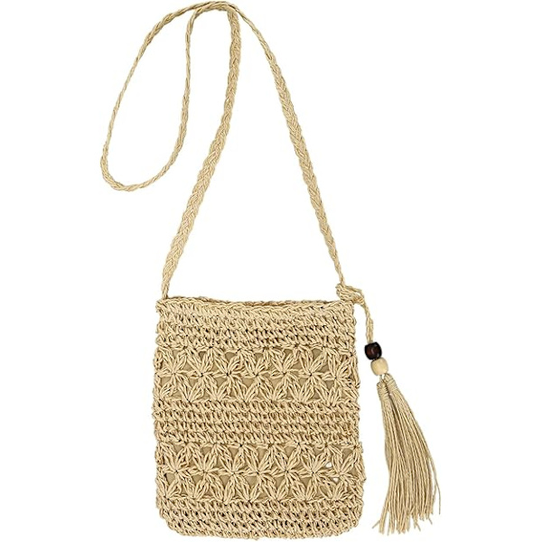 Håndvevd stråveske for kvinner, liten strandveske for sommeren, frynser, raffia-veske i bohemisk stil, skulderveske, reiseveske