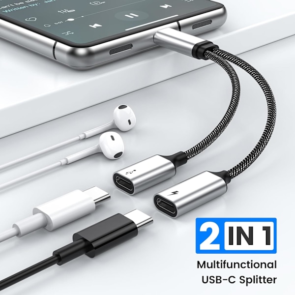 USB-C -jakaja PD 60W pikalatauksella ja datansiirrolla (tukee digitaalisia kuulokkeita, EI näyttöä), USB-C -naarasliitin USB-C -urosliittimeen