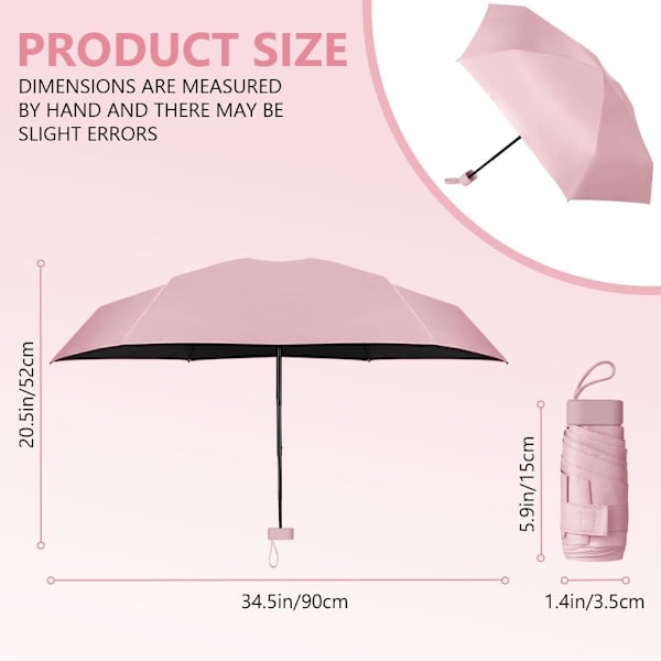 Matkavarjo, 6-rivinen Mini Varjo Pieni UV-Varjo, Taittuva Auringonvarjo Tuulenkestävä Sadevarjo Kapselikuoressa, Taittuva Kannettava Taskuvarjo Pink