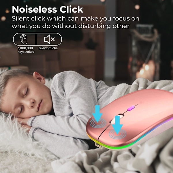 LED Trådløs Mus, Slank Genopladelig Trådløs Lydløs Mus, 2.4G Bærbar USB Optisk Trådløs Computermus med USB Modtager til Notebook, PC, Laptop Rose Gold