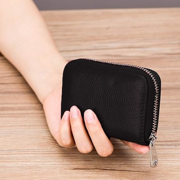RFID-suojattu nahkainen luottokorttikotelo, pieni lompakko naisille ja miehille, vetoketjullinen Black