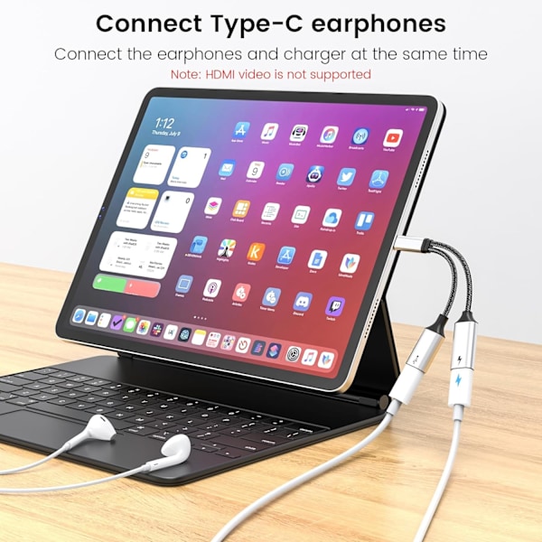 USB-C Splitter med PD 60W Rask Lading og Dataoverføring (Støtter digitale hodetelefoner, IKKE for skjerm), USB-C til USB-C Hunnadapter