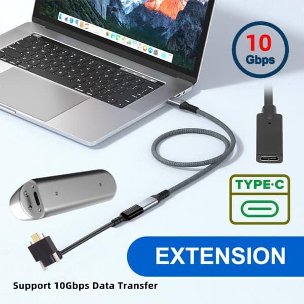 USB-C USB 3.1 Typ C hane till hona förlängningsdatakabel med panelmonteringsskruvhål