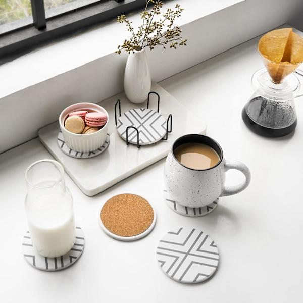 Coasters - Coasters Sæt af 6 - Marmor Coasters Keramik - Coasters med Holder og Kork Base, til Kvinder Mænd til Forskellige Kopper, Borde & Hjemmeindretning, 4 '' Grey Line