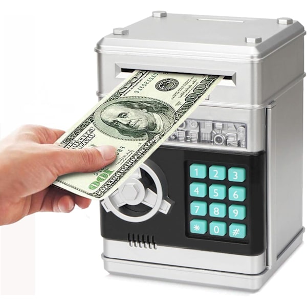 Elektronisk spargris, Mini ATM lösenord sparbössa kontanter mynt sparbössa för barn, tecknad säker bankbox perfekta leksaks presenter för pojkar flickor Silver