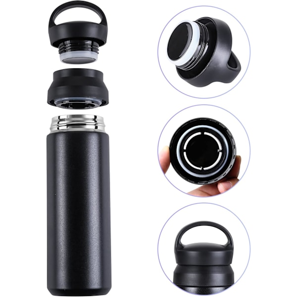 Isolerad rostfri vattenflaska 17 oz, 500 ml vakuummetall dricksflaska kall varm dryck flaska för arbete skola camping picknick återanvändbar 500ml-17oz Black