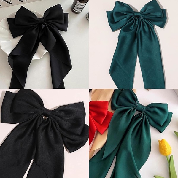 2 stk. Store Buespænd med Lang Silkeblød Satin, Ensfarvet Fransk Barrette Enkle Hårfastgørere Tilbehør til Kvinder Piger black and green