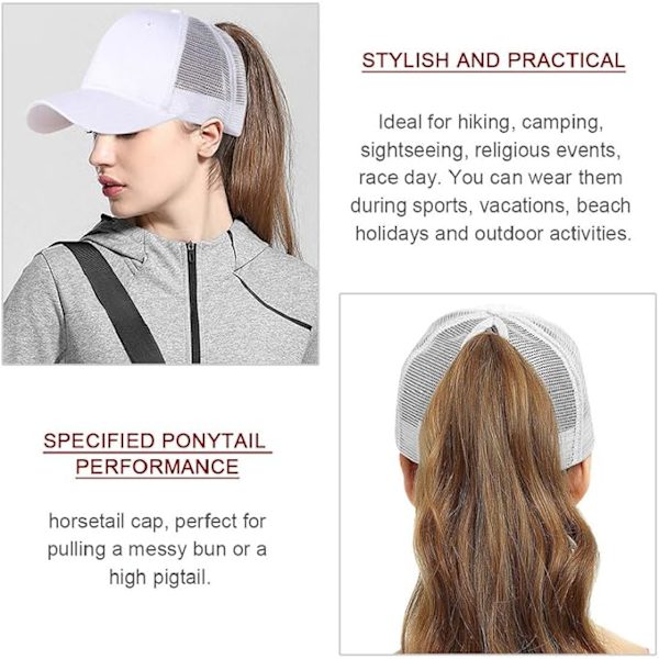 Baseballkeps för män och kvinnor, sommar, andningsbar, ihålig, öppen mesh, unisex, hästsvans, sport, lastbilskepsor, justerbara utomhushattar, vit