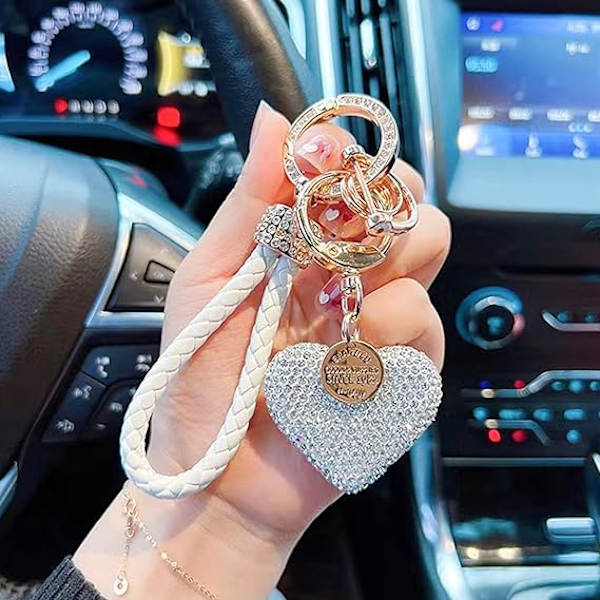 Hjerte nøglering Håndtaske Charms Tilbehør Rhinestone Hjerteform Hjerte Bilnøglekæde Ring Gave til Kvinder Piger White