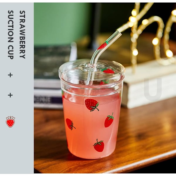 Glasskrus med sugerør og lokk, 300ml drikkekopp glass vannflaske gjenbrukbar drikkevannsglasskopp for kald drikke kaffe