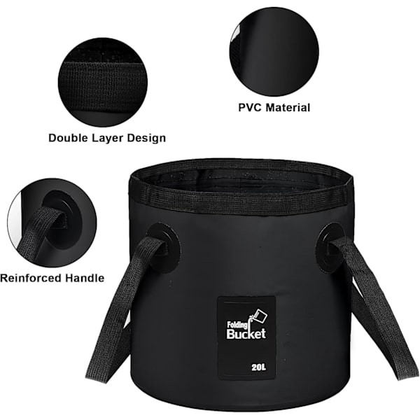 Foldbar Spand - Foldbar Camping Opbevaringsbeholder Sammenklappelig Spand 12L Bærbar Let Spand til Camping Rejser Fiskeri Sejlads og Havearbejde 20l Black