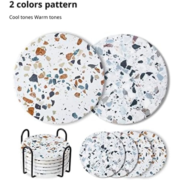 Coasters - Coasters Sæt af 6 - Marmor Coasters Keramik - Coasters med Holder og Kork Base, til Kvinder Mænd til Forskellige Kopper, Borde & Hjemmeindretning, 4 '' Terrazzo