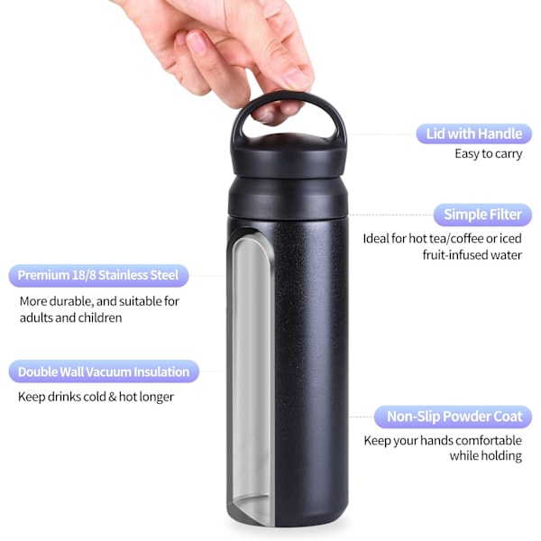 Isolerad rostfri vattenflaska 17 oz, 500 ml vakuummetall dricksflaska kall varm dryck flaska för arbete skola camping picknick återanvändbar 500ml-17oz Black