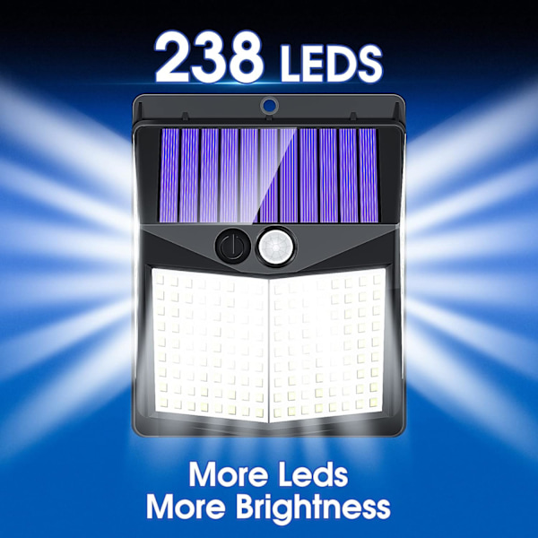 Utomhus solcellslampor, 238 LED solcellslampor och 3 lägen rörelsesensor 270° vidvinkel IP65 vattentät solcells vägglampa