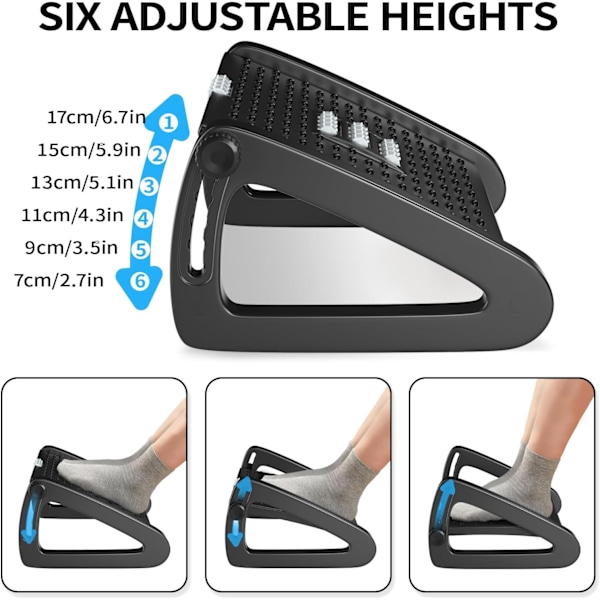Fotstöd för kontor, justerbar höjd fotstöd under skrivbord, ergonomisk fotpall med stor rullmassör för kontor Black