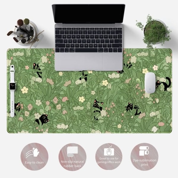 Skrivebordsmatte Katt Søt Plante Kule Skrivebordsmatte Tastaturmatte Kawaii Svart Katt Blomst Musematte Grønn Skrivebordsmatte Skrivebordsdekorasjon med Søm